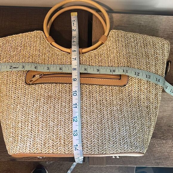 Be Dazzled Womens 2-Way Two-Tone Round Bamboo Handle Straw Satchel Bag NWT - Picture 8 of 9